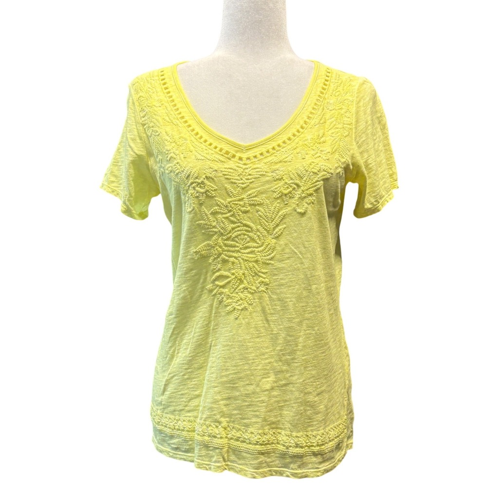 Tribal Jeans Lemon Drop Yellow Embroidered V-Neck Cotton Knit Top Size Small NWT